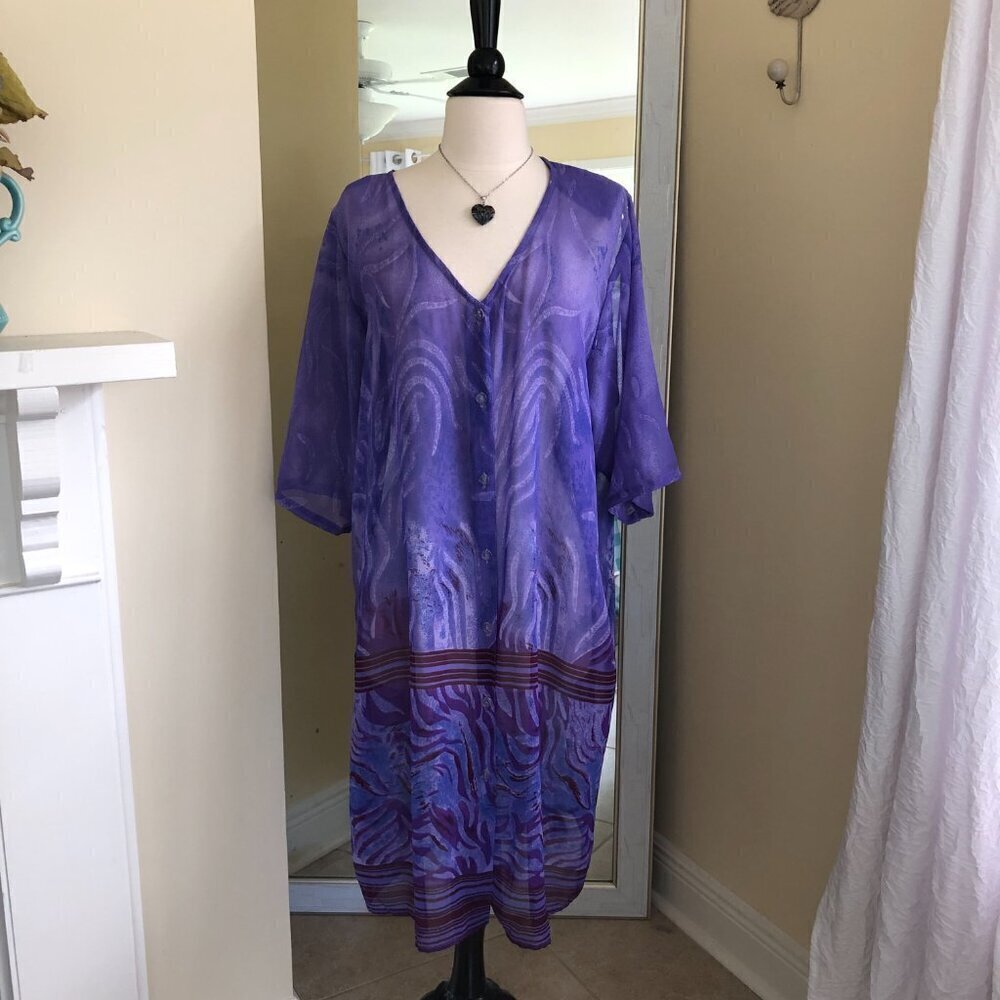 Button Up Duster Caftan Sheer Purple Flowy Boho Large Oversized Free Style